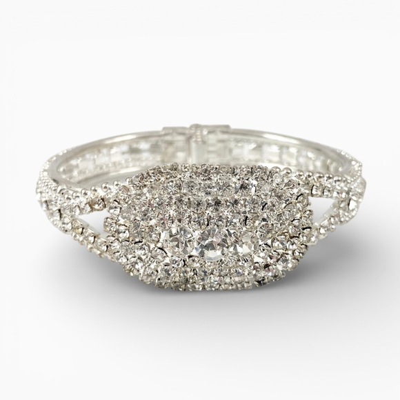 Vintage Jewelry - Vintage Silver tone Encrusted Clear Rhinestone Clamper Cuff Bracelet. Bridal